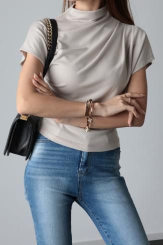 mock neck drape top / beige
