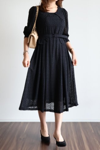 see-through sleeves peplum flare dress (belt set) / black