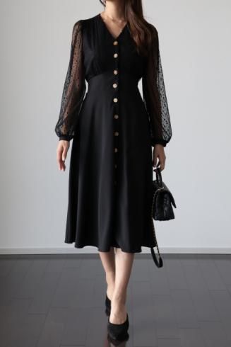 gold button tulle docking  high waste dress / black