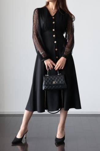 gold button tulle docking  high waste dress / black