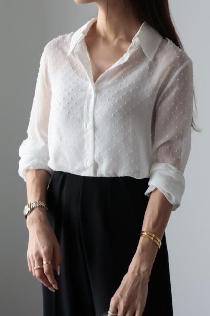 2way ribbon tie dots sheer blouse / white - Madder vintage