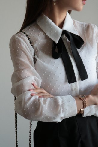 2way ribbon tie dots sheer blouse / white