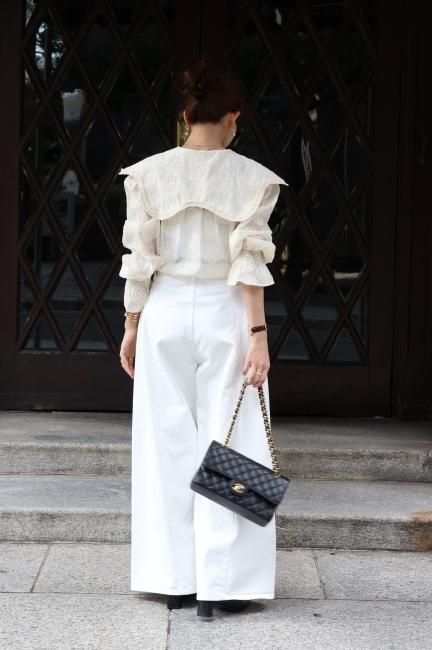 flat collar floral embroidery sheer blouse / ivory - Madder