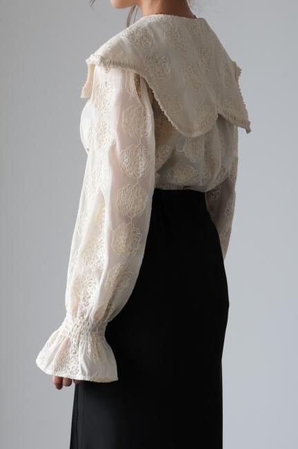 flat collar floral embroidery sheer blouse / ivory - Madder