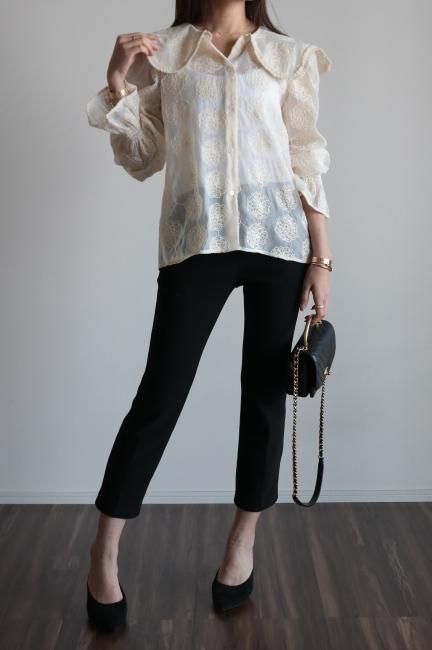 flat collar floral embroidery sheer blouse / ivory - Madder