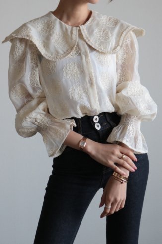 flat collar floral embroidery sheer blouse / ivory