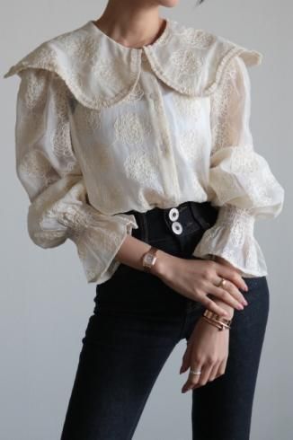 flat collar floral embroidery sheer blouse / ivory