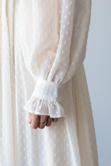 stand frill collar dots pleats chiffon dress / ivory