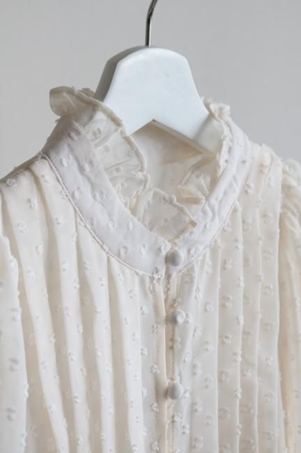 stand frill collar dots pleats chiffon dress / ivory stand frill collar dots pleats chiffon dress / ivory