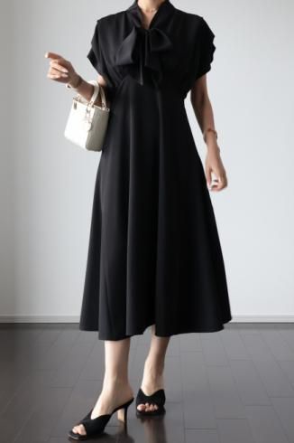 2way ribbon neck high waist dress / black