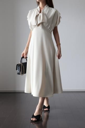 2way ribbon neck high waist dress / ivory
