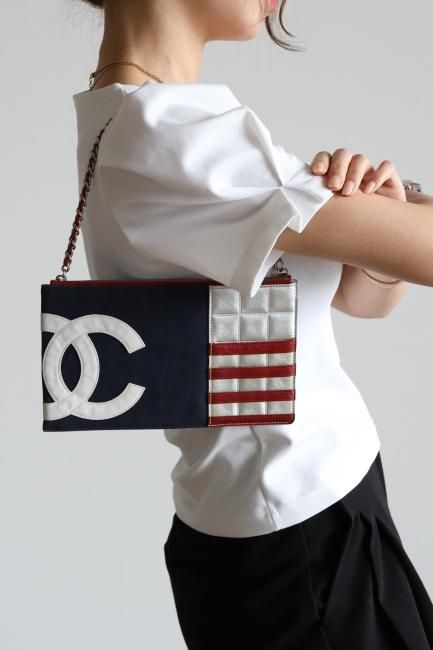 USED】CHANEL /coco mark american flag chain clutch bag