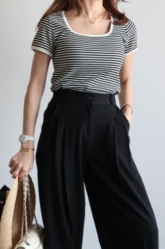 square neck stripe rib knit top / black