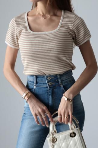 square neck stripe rib knit top / beige