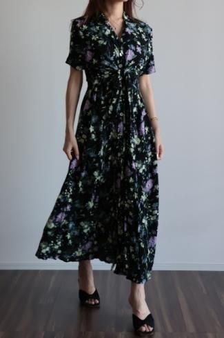 vintageopen collar waist ribbon floral long dress
