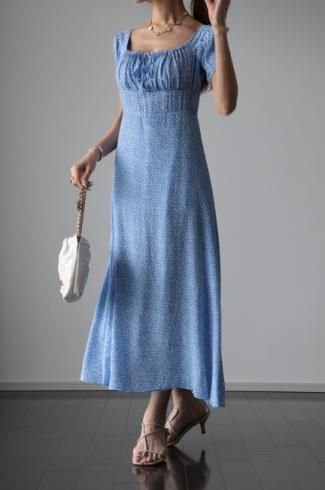 ribbon gather neck floral A line dress / blue