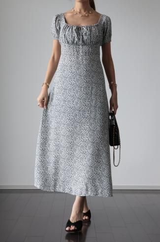 ribbon gather neck floral A line dress / white