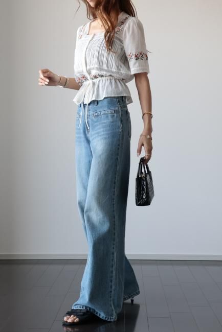 washed wide leg denim pants / blue - Madder vintage