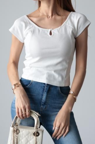 2way pearl button compact rib top /white