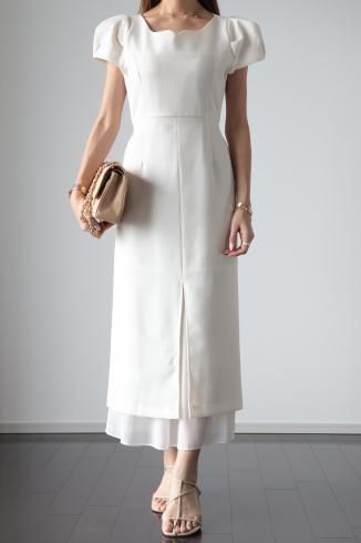 heart neck puff sleeve layered dress / ivory