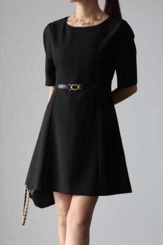 boat neck A line midi dress / black