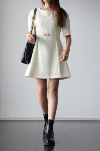 boat neck A line midi dress / ivory