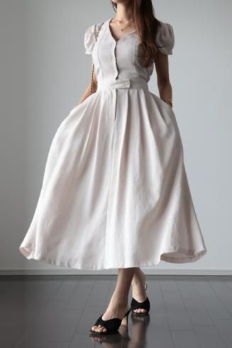 puff sleeves half button flare long dress / beige