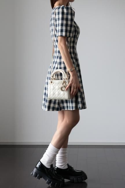 puff sleeves gingham check retro midi dress / dark navy