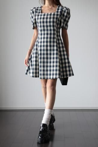 puff sleeves gingham check retro midi dress / dark navy