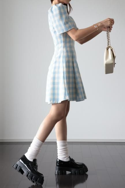 puff sleeves gingham check retro midi dress / blue - Madder