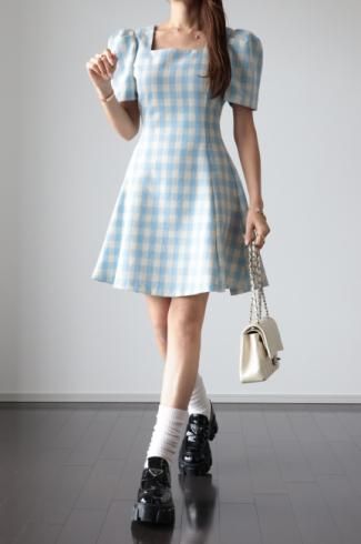 puff sleeves gingham check retro midi dress / blue