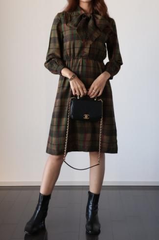 vintageribbon neck design check flare dress