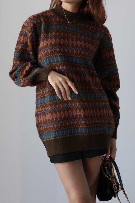 vintage】Christian Dior / high neck argyle knit sweater vintage】Christian Dior / high neck argyle knit sweater