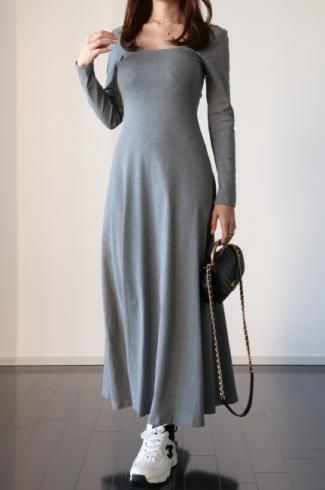 cup in U neck  A line long dress / gray