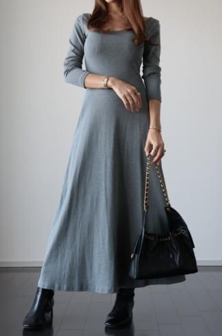 padded U neck  A line long dress / gray