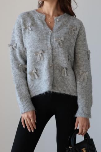 pearl ribbon charm cardigan / gray