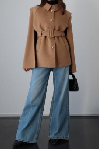 original - gold button HAND MADE wool mix cape coat (belt set)