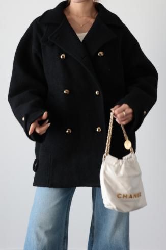 convertible collar double breasted wool midi coat / black
