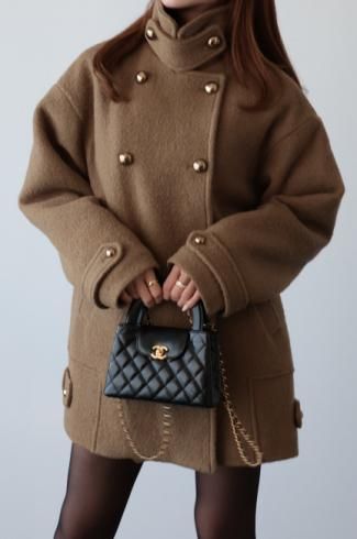 convertible collar double breasted wool midi coat / brown