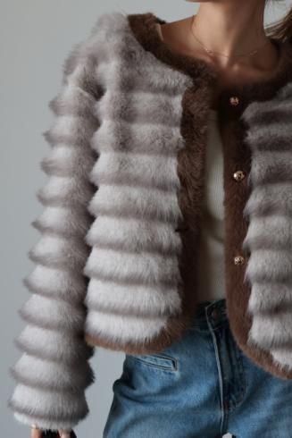 wave design eco fur jacket / gray