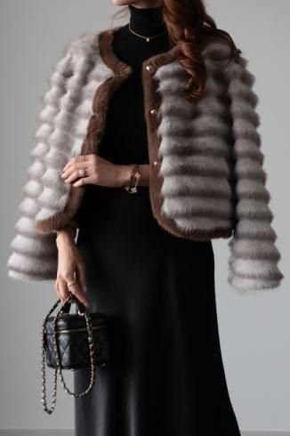 wave design eco fur jacket / gray