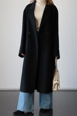 peaked lapel collar HAND MADE wool coat / black