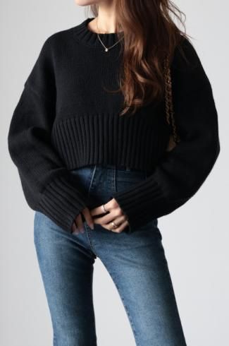 wide rib trim short knit top / black