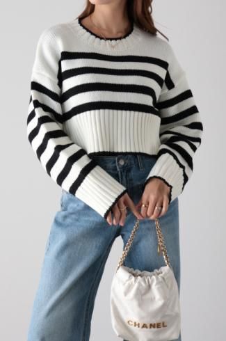 wide rib trim short knit top / stripe