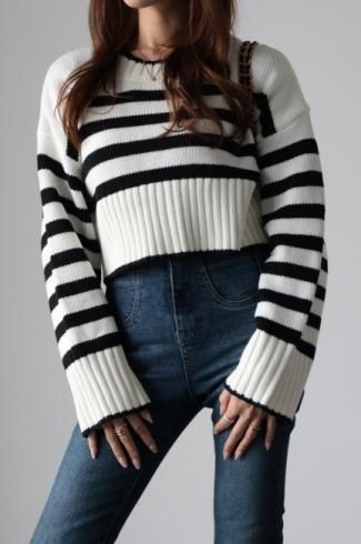 wide rib trim short knit top / stripe