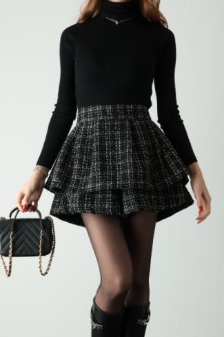 layered design tweed culottes skirt / black
