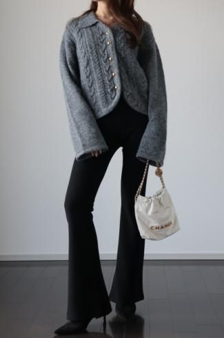 gold button cable knit cardigan / gray