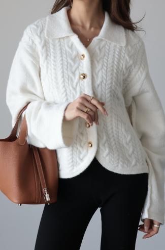 gold button cable knit cardigan / white