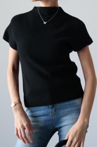 mock neck cashmere mix rib knit top / black