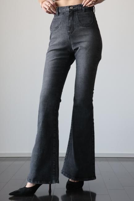 high waist flare cut denim pants / ash black - Madder vintage